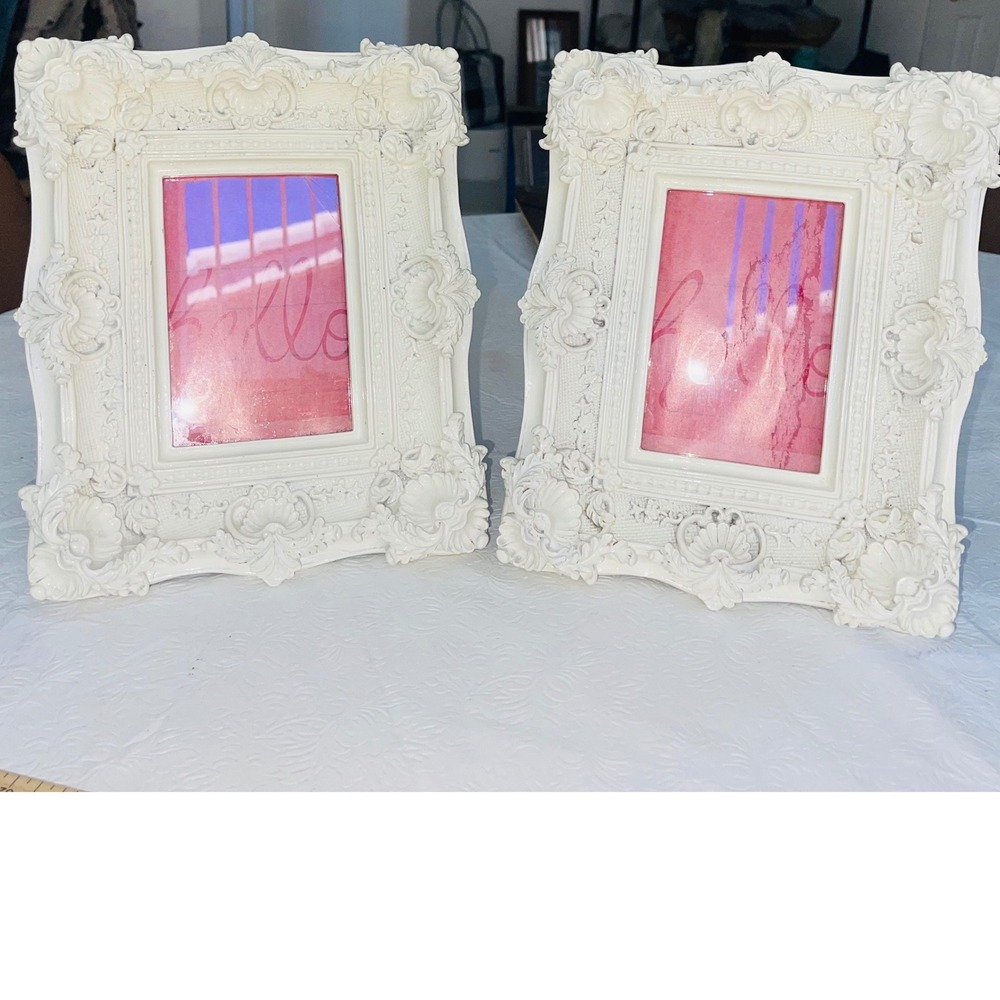 Pair Vintage Cream Ivory Resin Rococo Baroque Picture Frames 4x6 READ